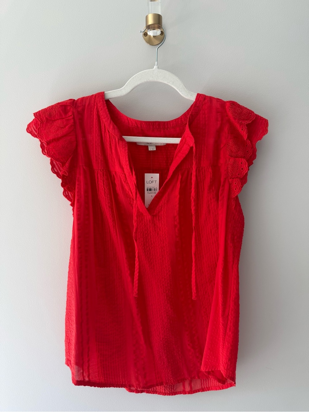 LOFT Bright Red Flutter Sleeve Tie-Front Blouse